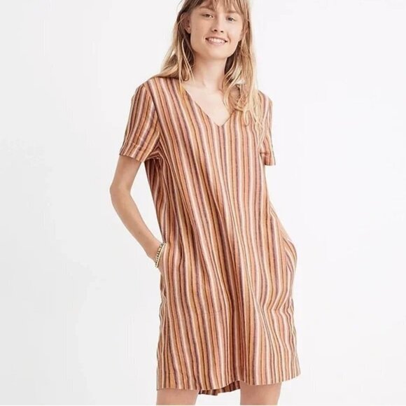 Madewell Linen Button-Back Easy Mini V-neck Short Sleeve Dress Rainbow Stripe S - Picture 2 of 11